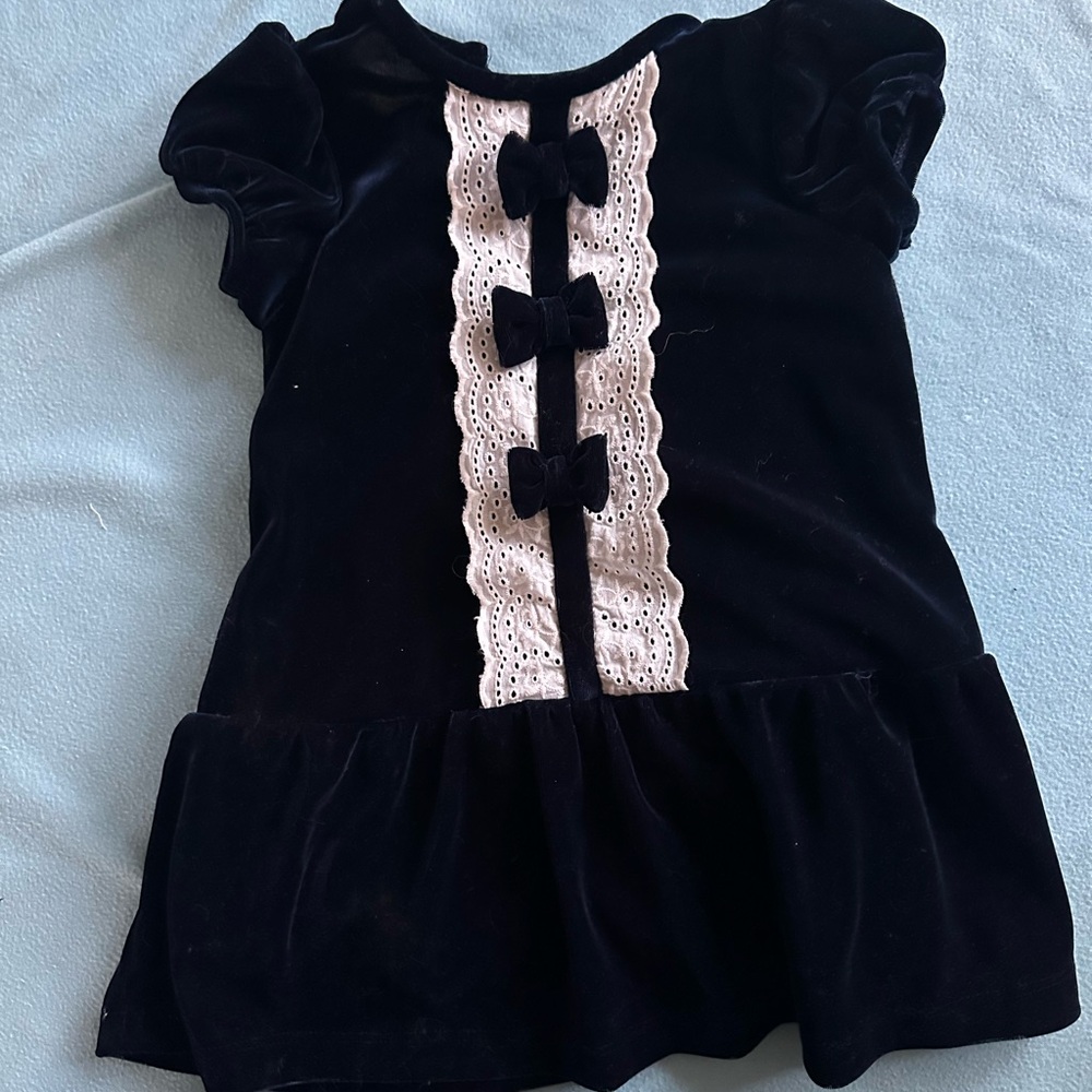 Navy Blue Drop Waist Velvet Dress with Lace and Bow Details from Smockingbird